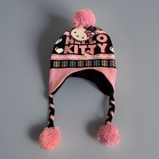 New Girls Hello Kitty Hearts  Snowflakes Knit Laplander Hat Pom-poms