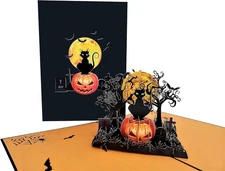 Scary Black Cat on Pumpkin Halloween 3D Pop Up Greeting Card