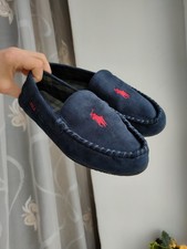 Polo Ralph Lauren Moccasin Slippers Navy Blue Suede Red Pony Logo House Shoes