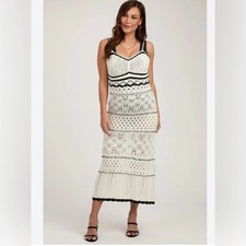 Lucky Brand Crochet Bohemian Black And Off White Ivory Midi Boho Dress Medium