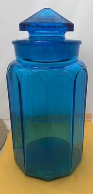 L E Smith 10 Panel Apothecary Jar Canister W/ Top 11.5  Tall Blue