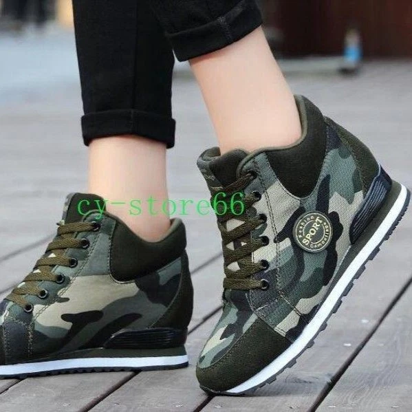 Zapatillas deportivas de caña alta para mujer Camuflaje Botas para correr Zapatos Tacón de cuña oculto Foto 3 de 4