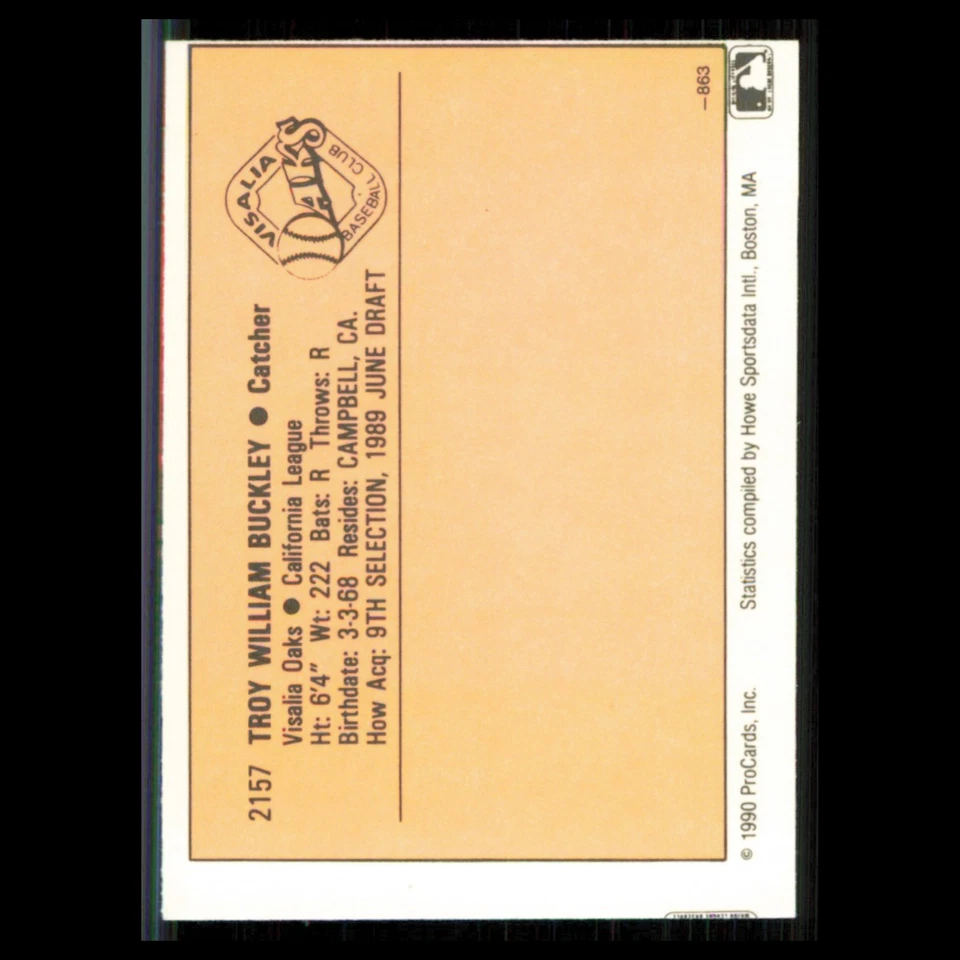Troy Buckley #2157 1990 ProCards Visalia Oaks Baseball Card MLB NM - Image 2 of 3