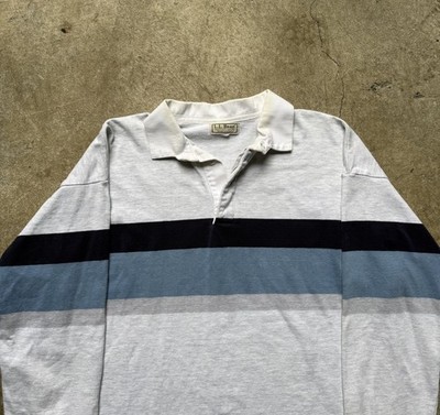 Vintage LL Bean Rugby Shirt Mens Large Blue Grey Striped Long