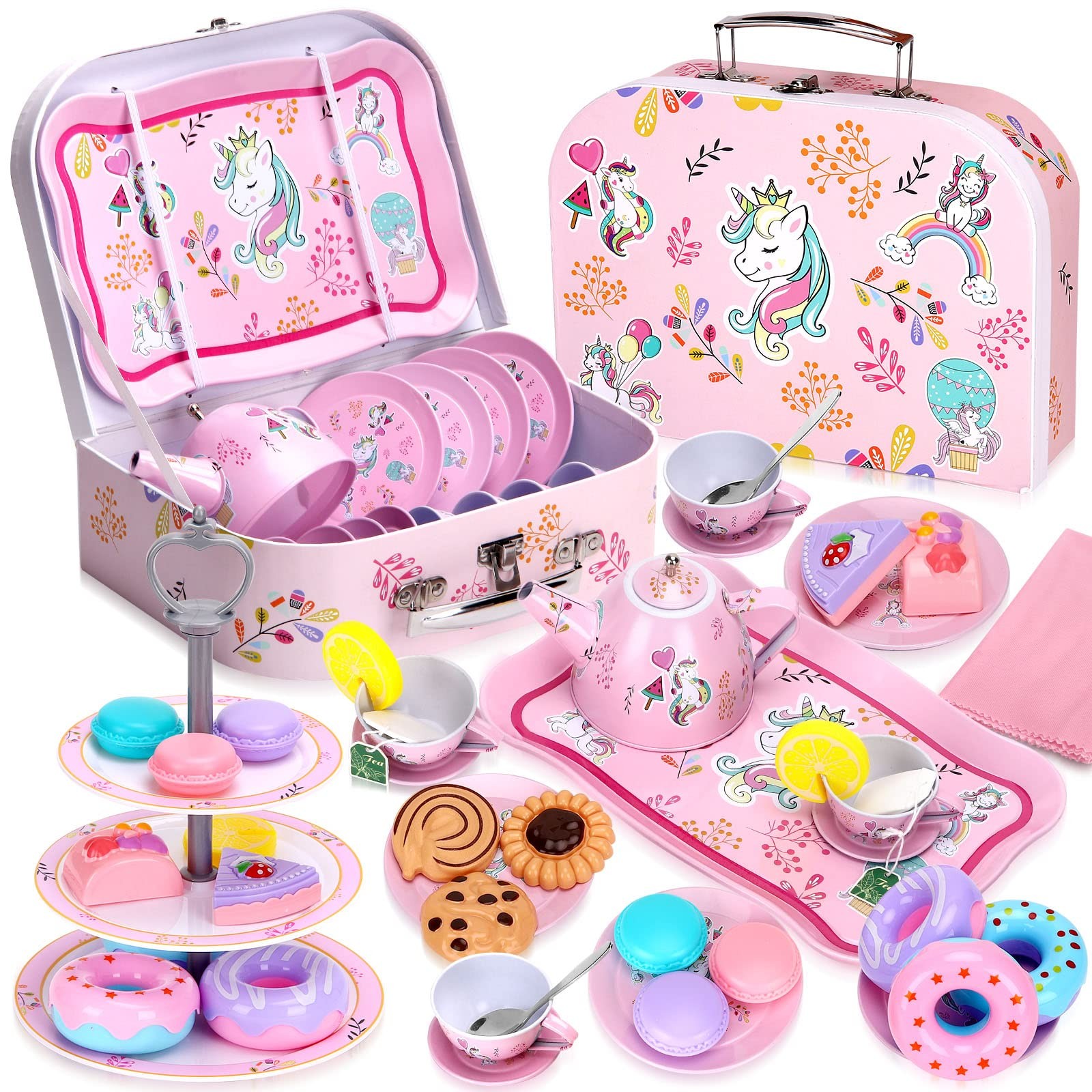 Auney 36 PCS Set da Tè Giocattoli per Bambini, Giocattoli Unicorno di Latta Tea