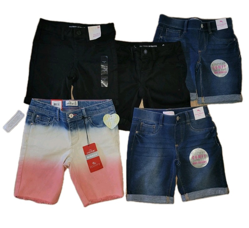 🌸 5 Girl's L 10 Bermuda Shorts New NWT Adj Waist Black Blue Patriotic Denim Lot