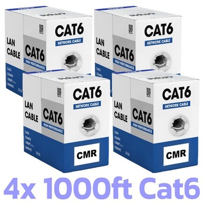 4 Pack Cat6 Ethernet Cable 1000ft Riser CMR Solid 23AWG UTP Easy Pull White