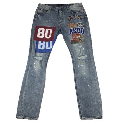 Akoo Jeans Mens 38 (36x32) Distressed Patchwork Embroidered Streetwear Denim
