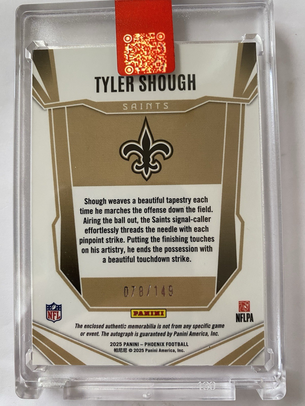 2025 Panini Phoenix Tyler Shough Rookie Patch Auto 078 /149 Saints view 2