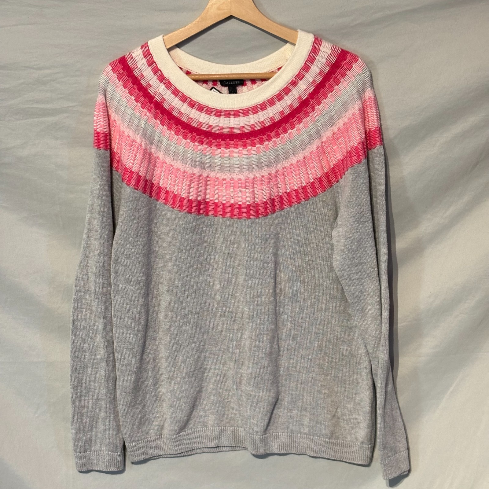 NWT TALBOTS  Women's Cozy Gray Sweater with Pink & Cream Circular design Size L