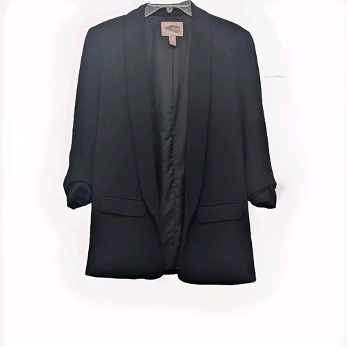 Forever 21 Blazer Jacket Medium Open Front Black 3/4 Scrunch Sleeves Pockets