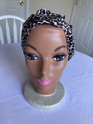 100% Mulberry Silk Turban - Pink with Black Leopard Pattern - 7'' X 9.4'' - NIB