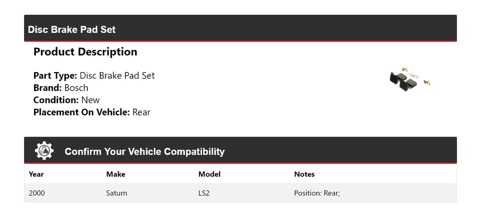 Pastillas de freno semimetálicas Bosch Saturn LS2 2000 con herrajes traseras Foto 2 de 4