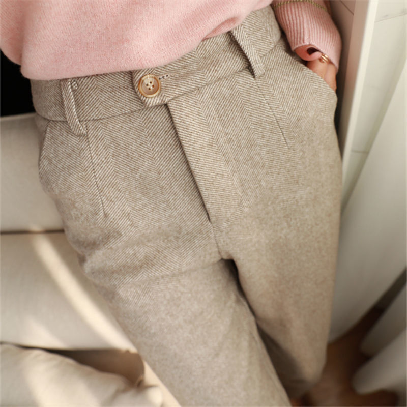 Womens High Waist Wool Blend Tweed Pants Casual Straight Slim Fit Trousers  Work