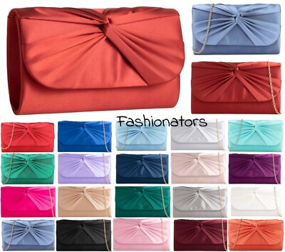 Damen Satin plissiert Abend Clutch Tasche Braut Hochzeit Party Abschlussball Handtasche Kette