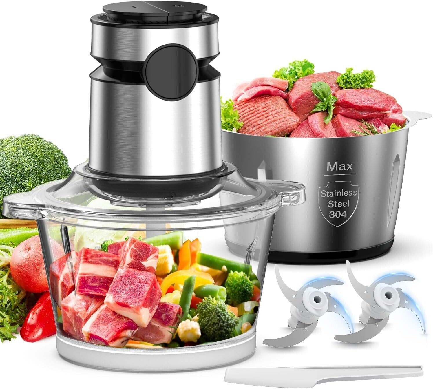 Food Processor: 500W Motor, Two 8-Cup Bowls, Stainless Steel
