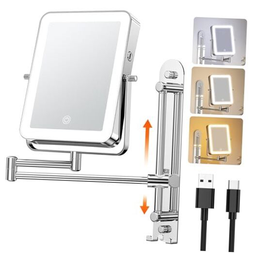 Height Adjustable Wall Mounted LED Makeup Mirror with Hooks and 3000mAh Battery