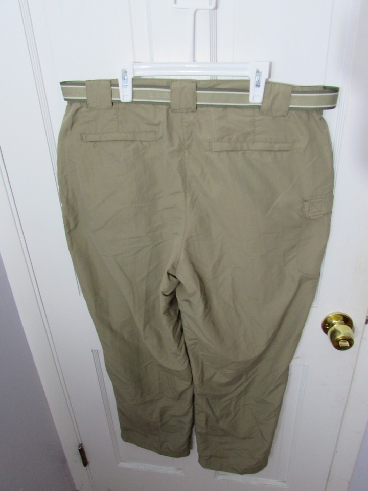 Men’s tan LL BEAN cargo nylon pants belted LARGE camping hiking fishing