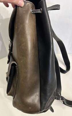 black and brown 2 tone leather backpack Two-Tone Leather Drawstring Buckled Black & Brown Backpack Rucksack Travel  Bag