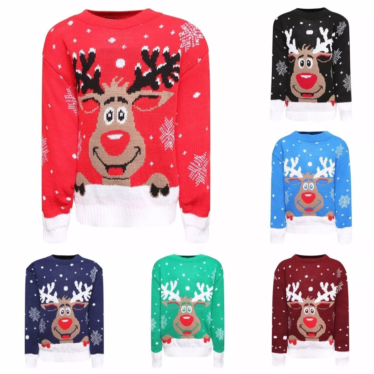 KIDS BOYS GIRLS XMAS JUMPER RUDOLPH REINDEER SNOWFLAKES CHRISTMAS JUMPERS UNISEX