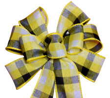 Small 5-6" Hand Made Black White Yellow Plaid Wired Wreath Bow - Bee Summer
