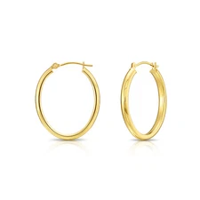 14K Real Solid Gold Shiny Polished Oval Plain Creole Large Hoop Earrings 25mm