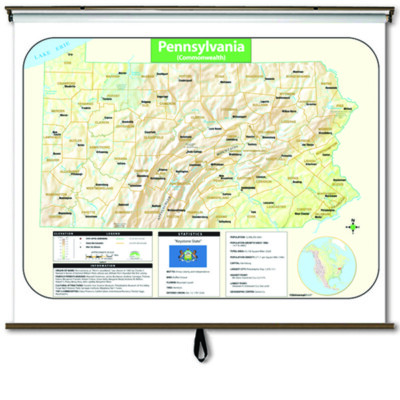 Pennsylvania Large Scale Shaded Relief Wall Map on Roller with Backboard
