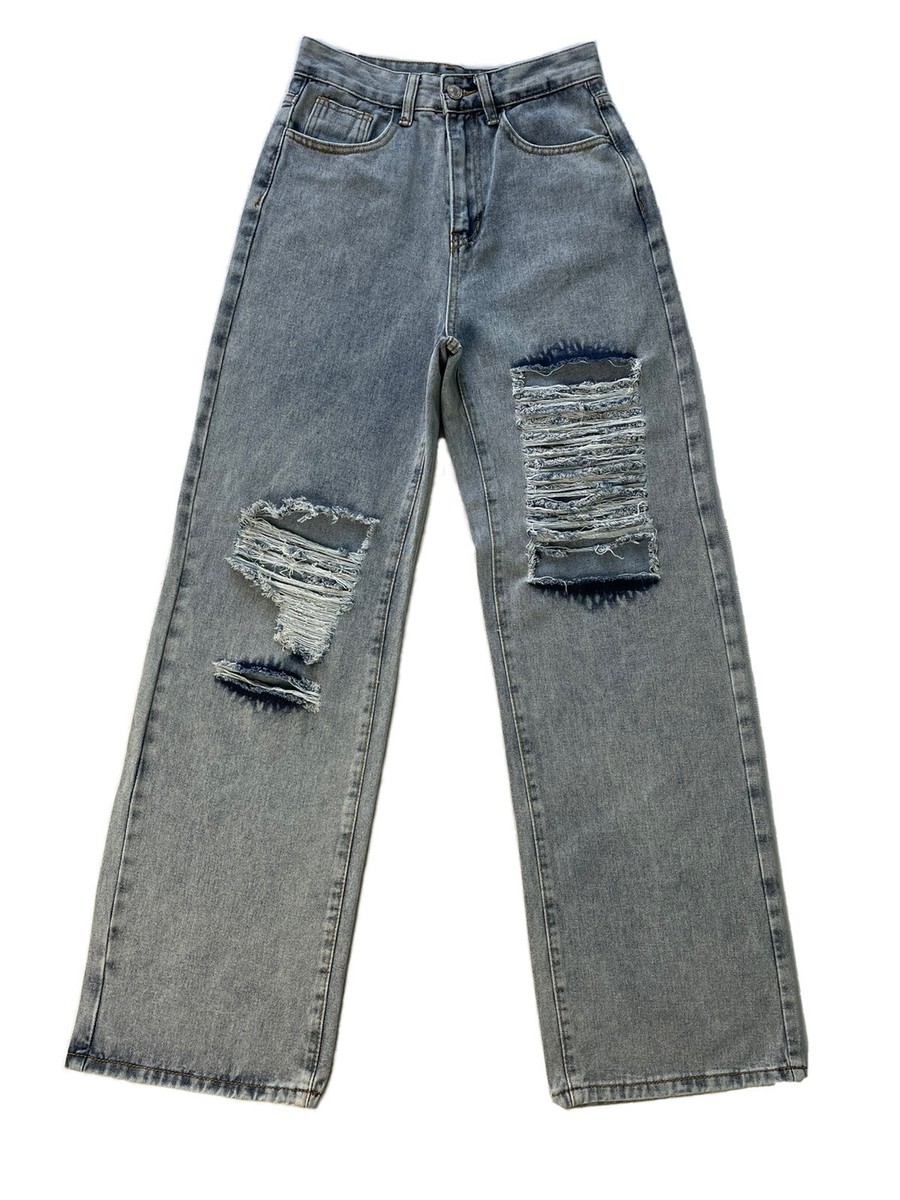 SHEIN Blue Washed Wide Leg Ripped Jeans size XS measured W 25 in L