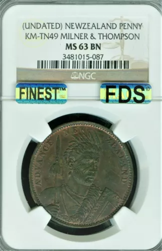 1857 NEW ZEALAND MILNER THOMPSON PENNY TN 49 NGC MS63 BN MAC FDS FINEST GRADED *