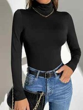 Sophisticated Black Turtleneck Bodysuit, Soft Stretch Fabric, Long Sleeves
