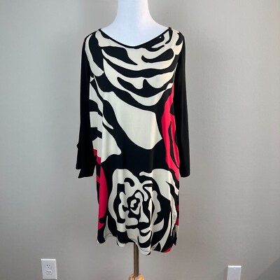 Clara Sun Woo Tunic Top Women M Black Slinky Floral Asymmetric 3/4 Ruffle Sleeve