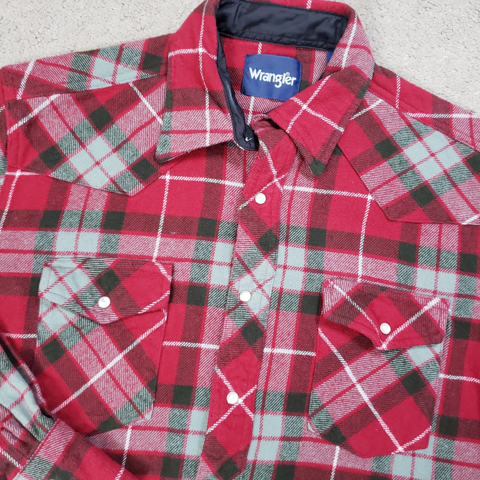 Wrangler Shirt Men L Red Plaid Brushed Flannel Pearl Snap Thick Country Western
