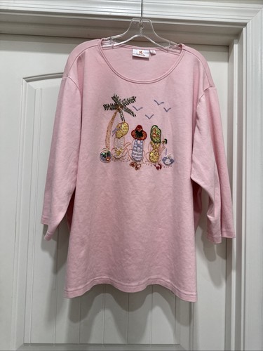 Quacker Factory Top Women SZ 3X Pale Pink Beaded Beach Girls Scene Sequin Cotton