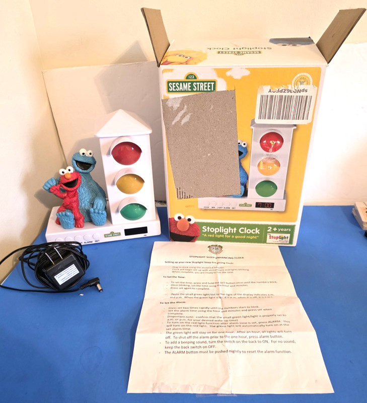 Sesame Street Elmo Cookie Monster Toddler Stop Light Alarm Clock AC Adapter Box