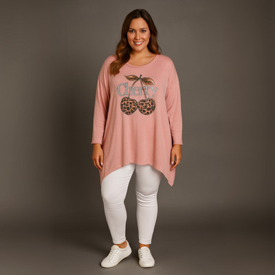 ROCKTHOSECURVES DAMEN Taschensaum Pullover mit Nieten Kirsch Motiv