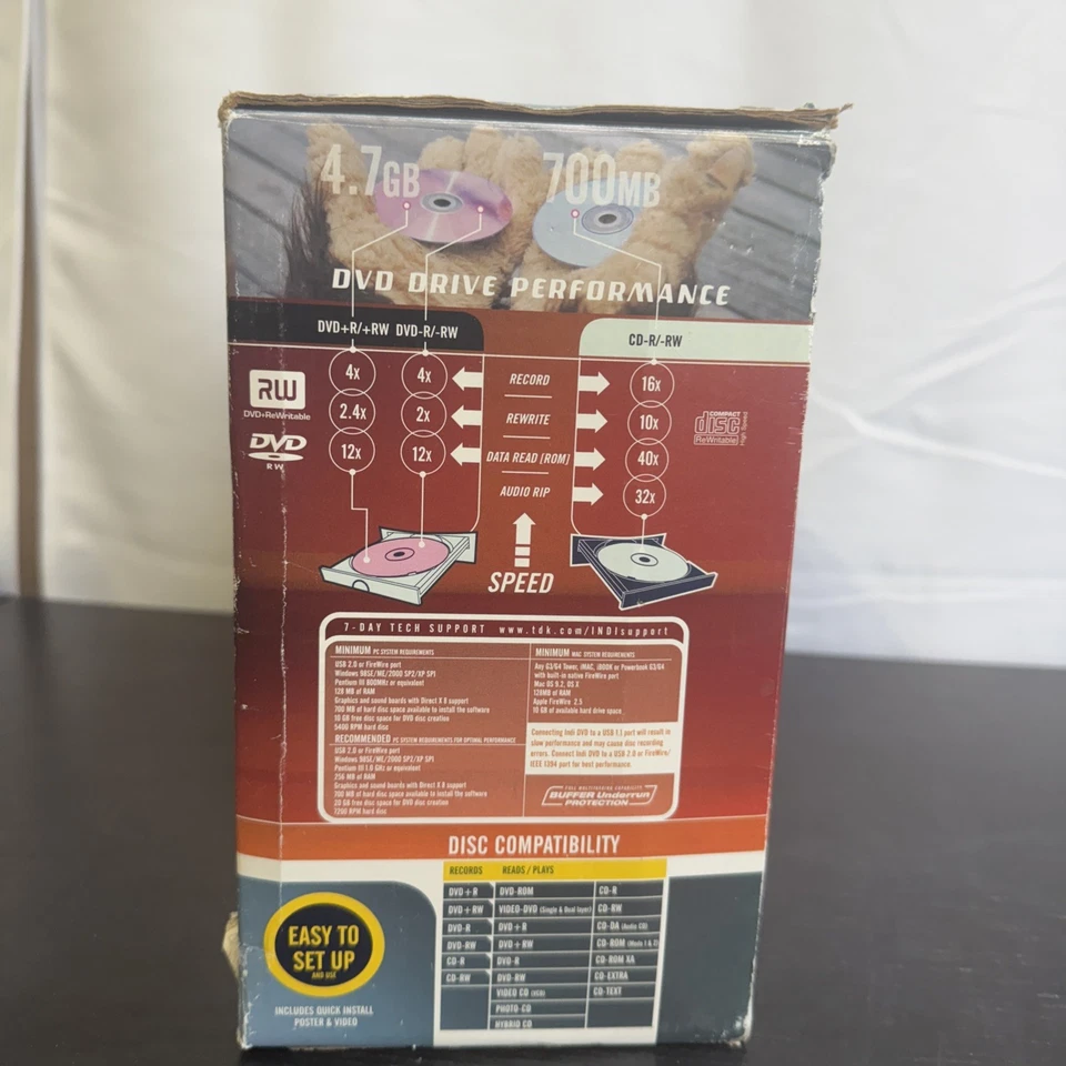 TDK 4X IndiDVD R/RW/CD Burner Pc/Mac With All Cords, Software, & Original Box - Изображение 3 из 4