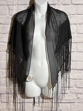 Cover Me Black Beaded Fringe Shawl Wrap Sheer Evening Scarf