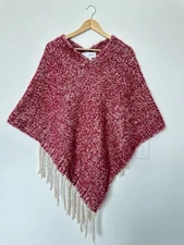 Joan Vass Womens One Size Pink Marled Fringe Trim Poncho