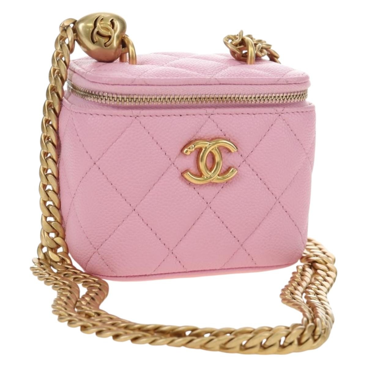 CHANEL Vanity Chain Shoulder Bag Grained Calf Skin Pink Gold CC Auth hk3887SAM