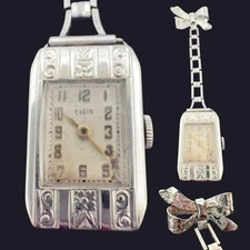 WORKING 🖤 Art Deco ELGIN Lapel Pocket Watch PIN Enamel 10k WHITE GOLD FILLED GF