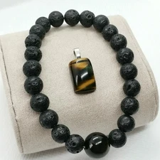  Natural Lava Bead Bracelet & Tigers Eye Pendant  Set