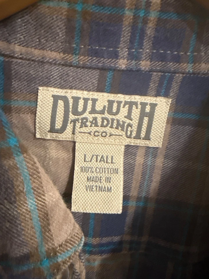 Duluth Trading Co. Mens Plaid Brown & Blue Flannel Shirt Size L Tall 100% Cotton - Image 2 of 4