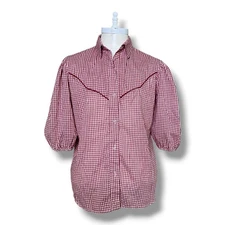 Vintage Jeri Bee Western Shirt Large Rockabilly Square Dance Red White Gingham