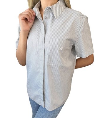 CHANEL Vintage 99P CC Logo Short Sleeve Shirt #40 Stripe Blouse