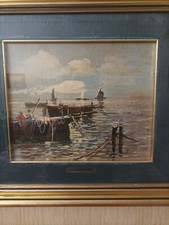 antico dipinto a olio su tavola paesaggio marino di barche con cornice