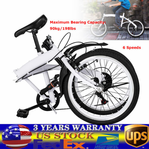White Folding Bike Foldable City Bike for Adult 20" Commute Bicycle 6Speed Gears