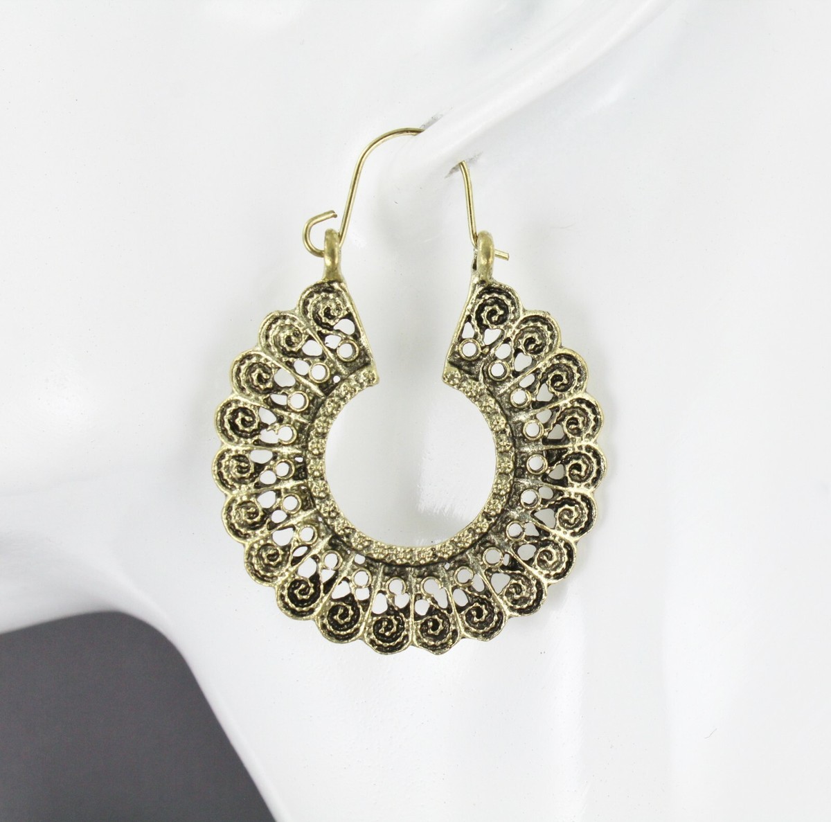 Dark Gold earrings hoops filigree medallion door knocker hoop