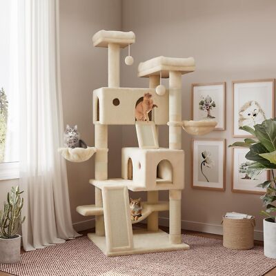 65in Cat Tree Tower Condo for Indoor Kitties/Multi-Level Activity Center,Beige