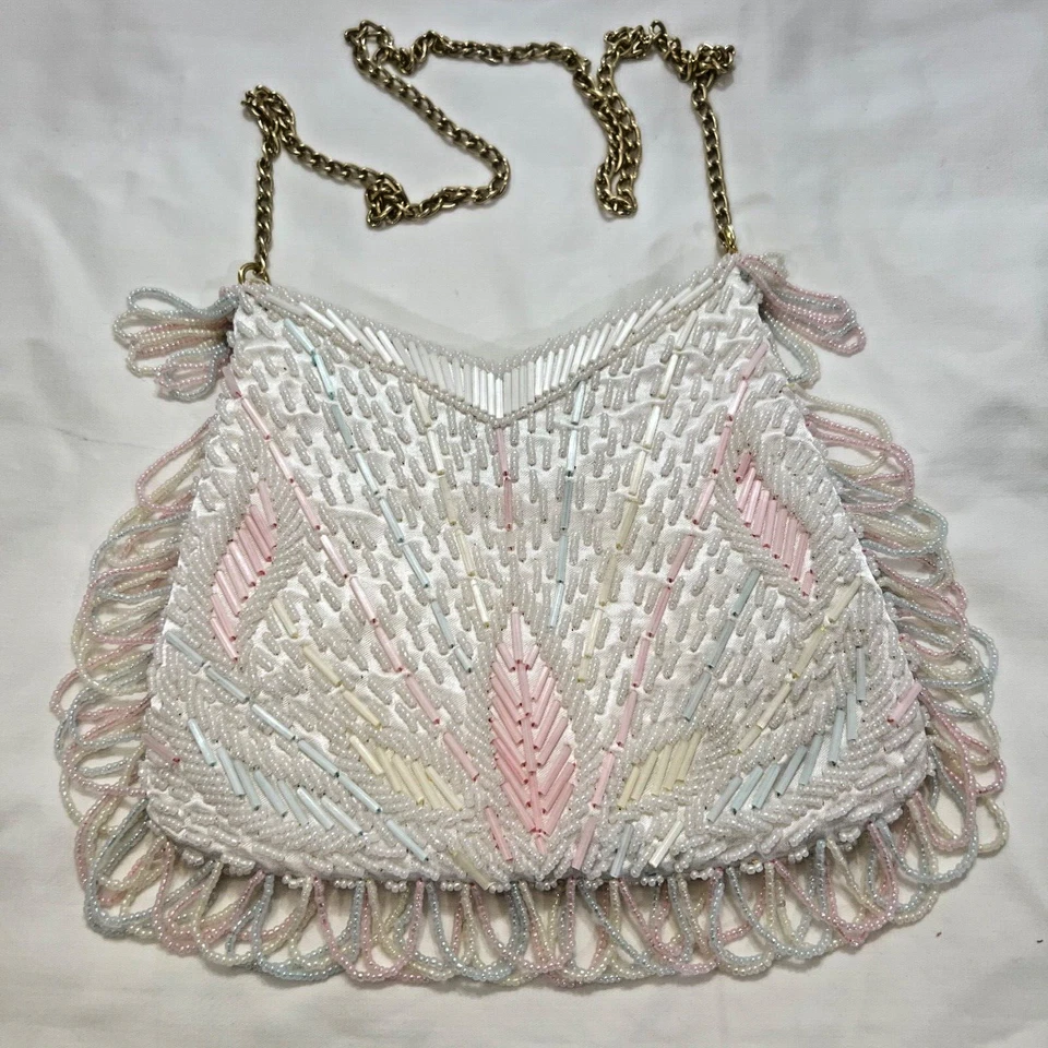 Винтажный La Regale бисером вечер сумочки пастели полностью бисером с бахромой цепочка