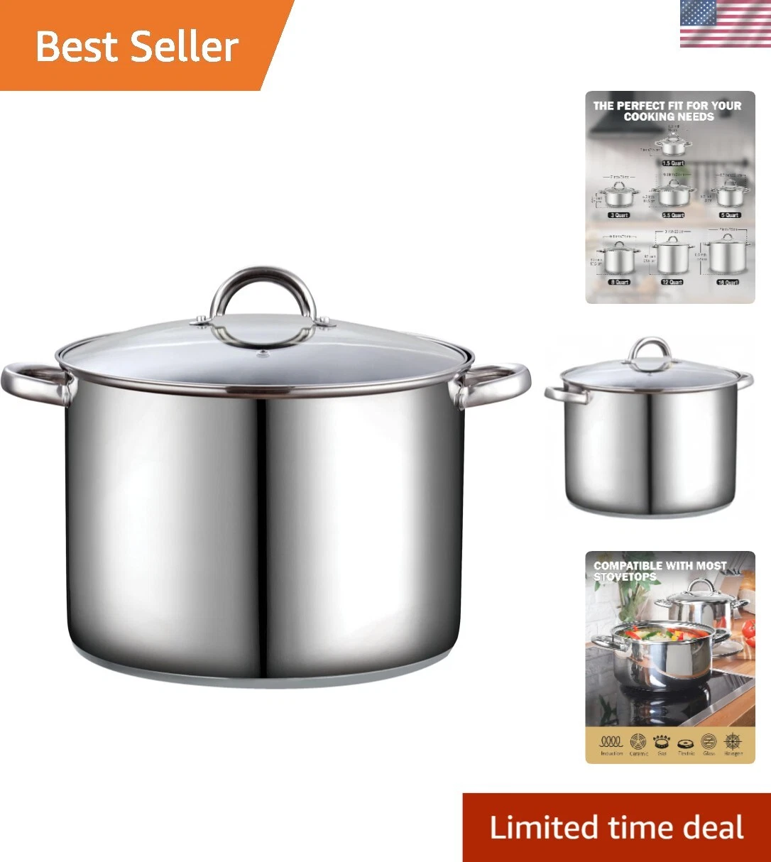 Polished 16 Quart Stainless Steel Stockpot with Glass Lid for Effortless Cooking
